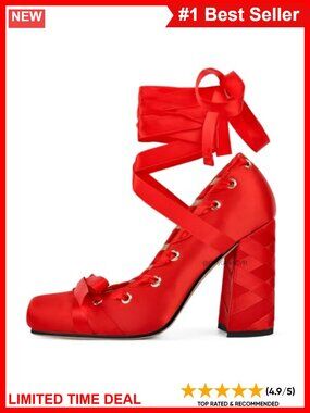 Satin Chunky Lace Up High Heels Bow Ribbon Platform Pumps